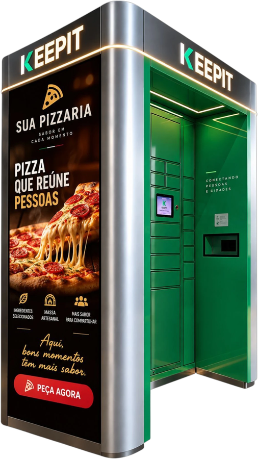 Painel de LED KeepIt exibindo o anúncio de uma pizzaria
